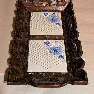 Wooden Tray with Blue Floral Tiles